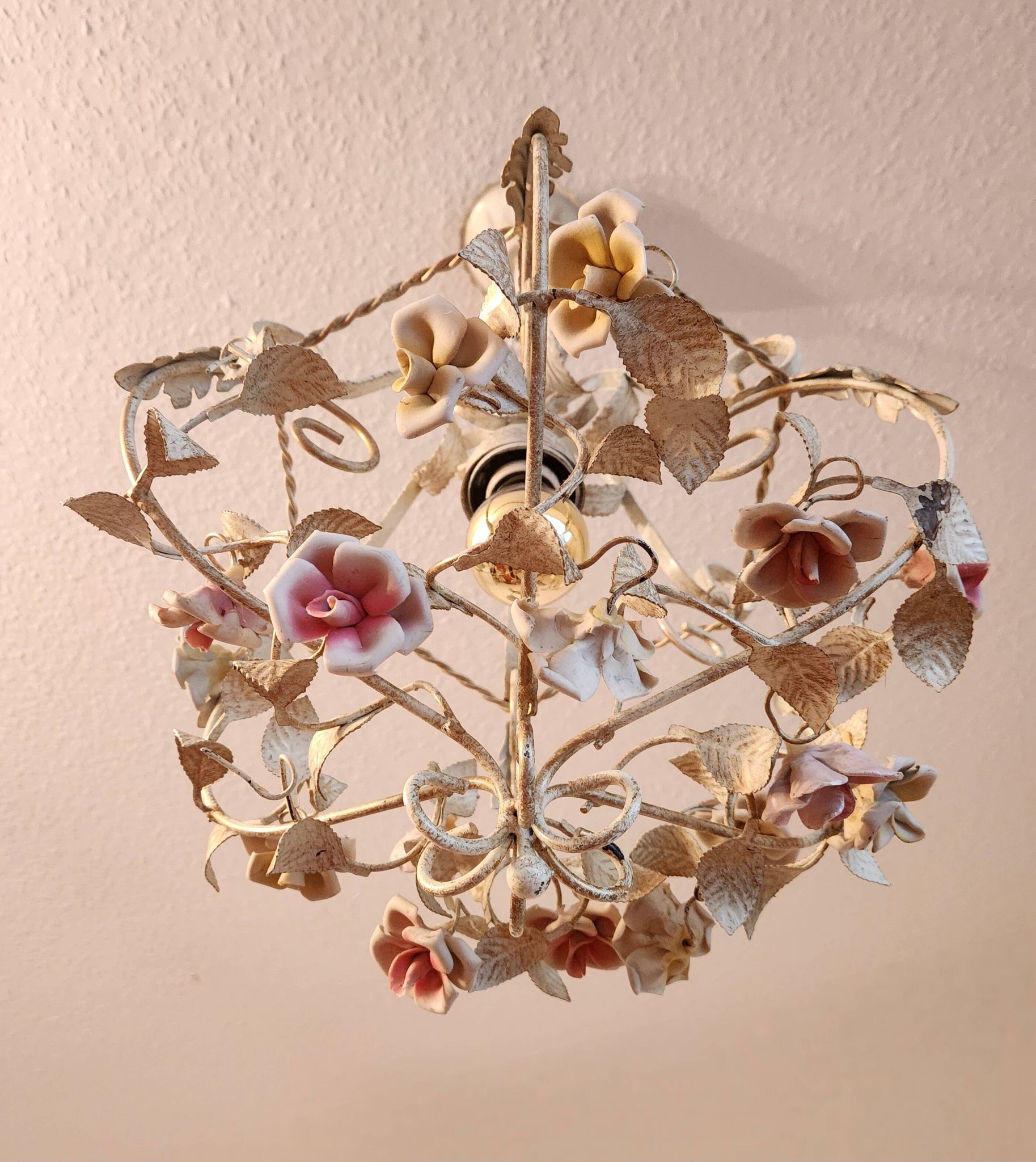 Hand-forged vintage pendant lamp with porcelain roses, Denz Neheim Hüsten