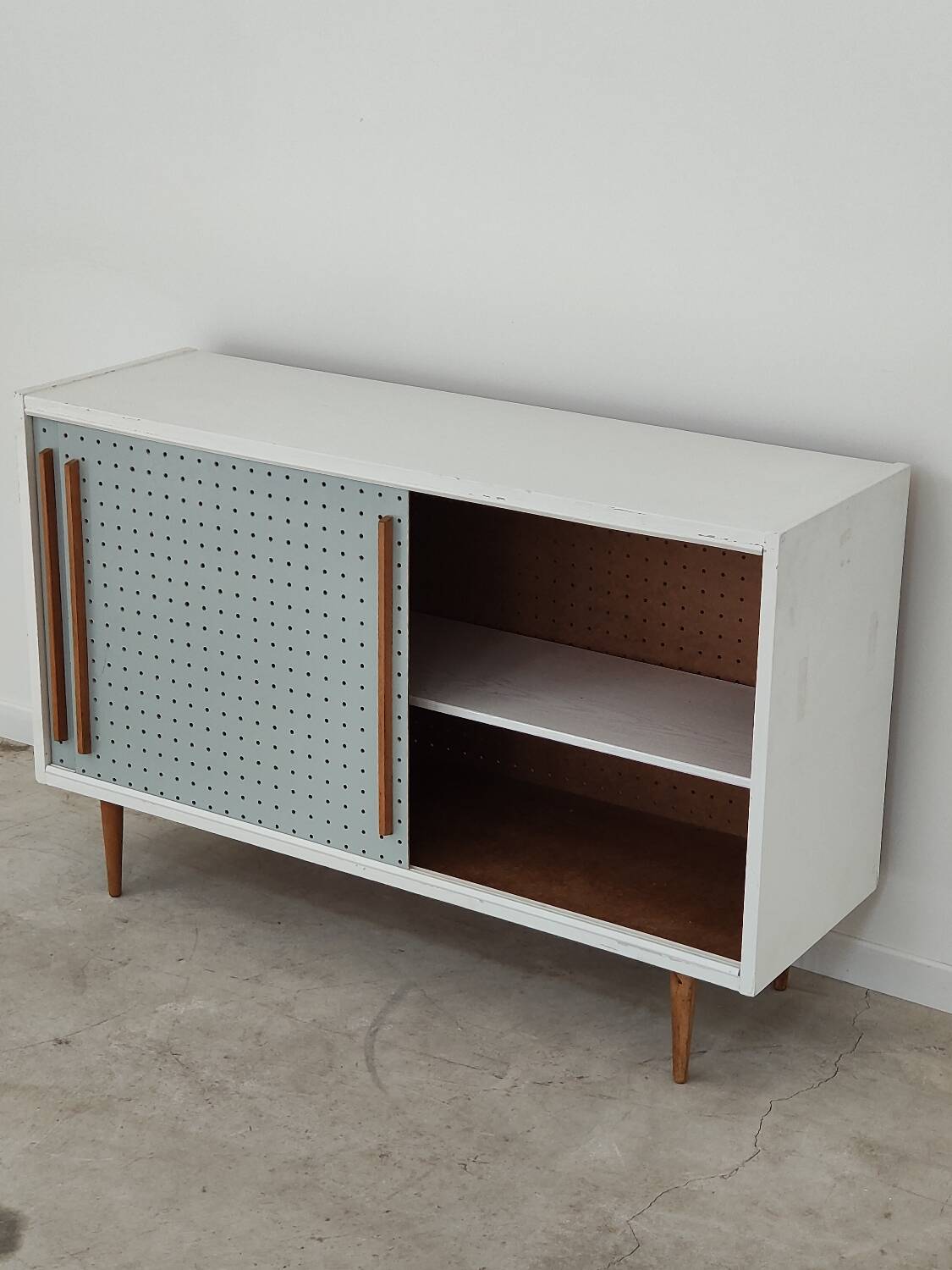 Blue and white chest of drawers by Drevopodnik Brno 1960