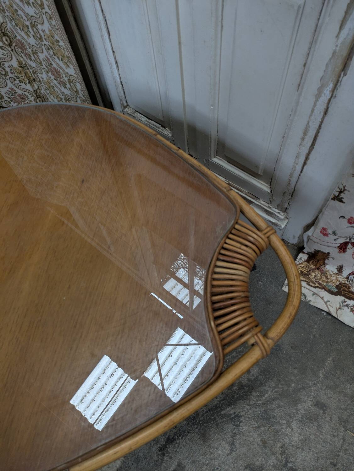 Rattan and glass coffee table