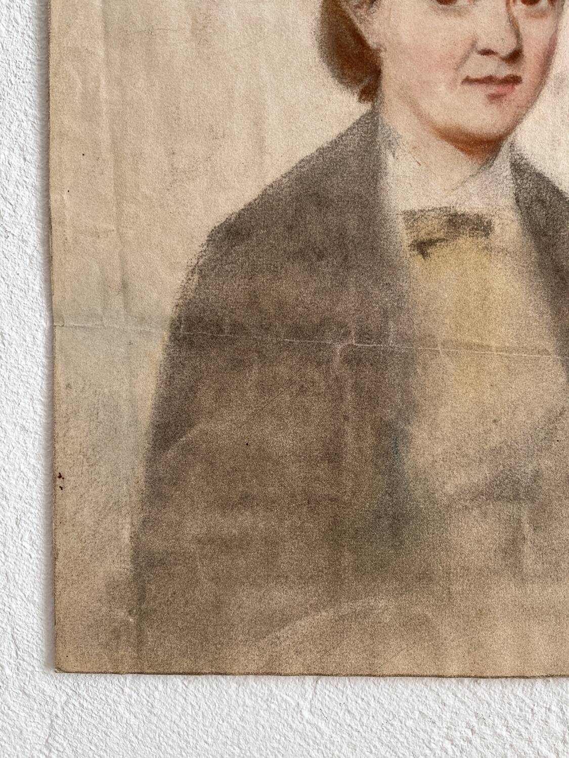 Old pastel drawing on paper portrait of a woman