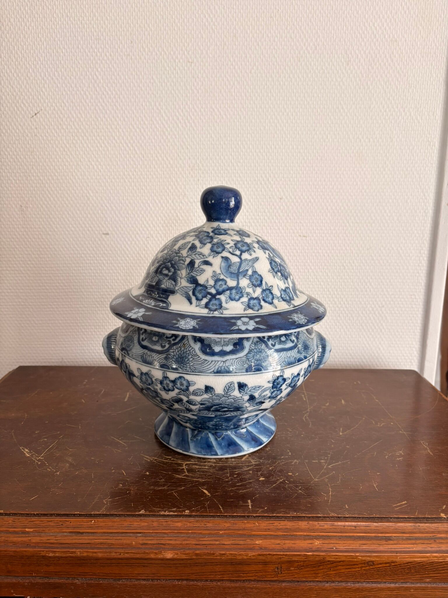 Antique Chinese Soup Tureen Porcelain Blue Bird Flower Decor Republic Period