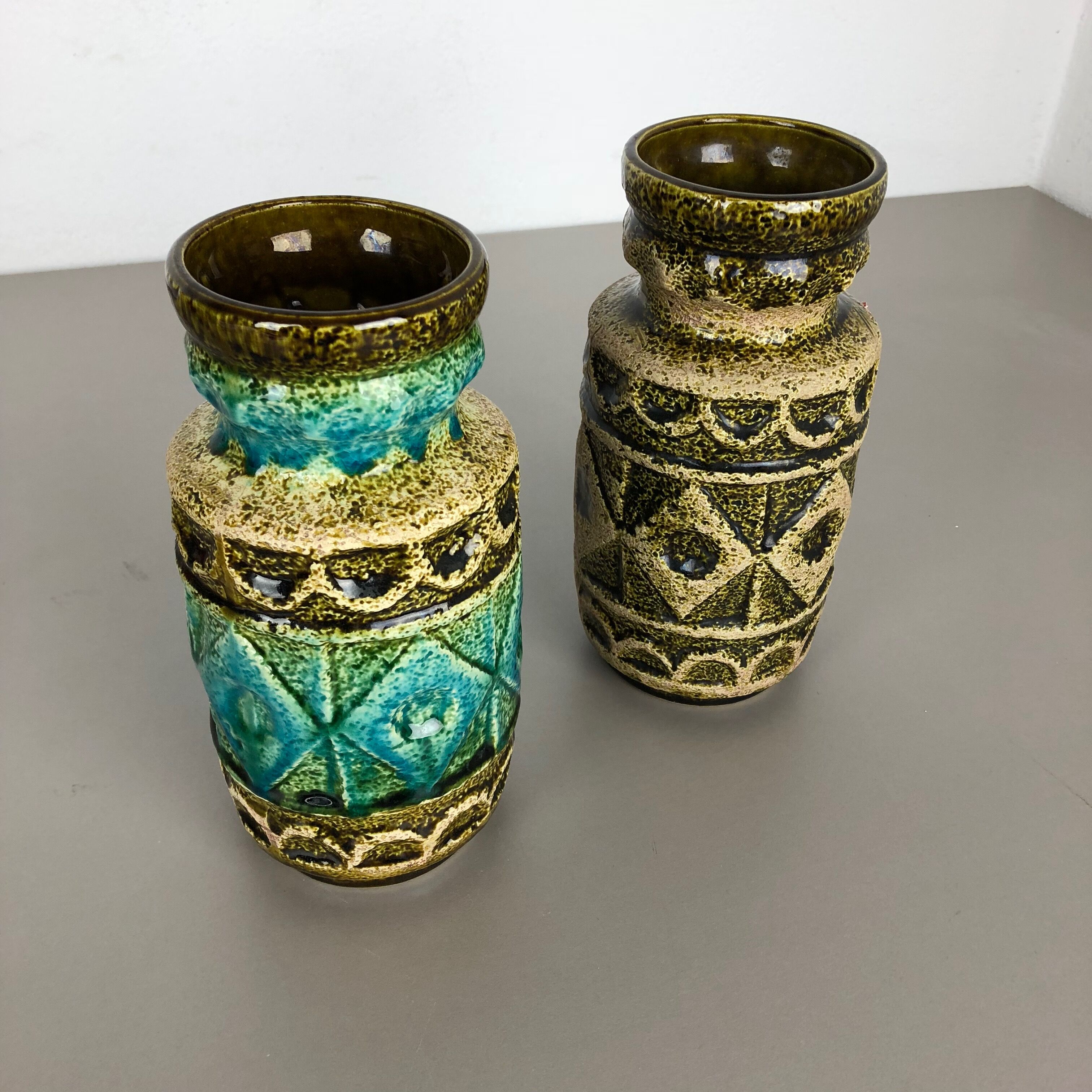 Set of 2 Multi-Color Op Art Pottery Floor Vase by Bay Ceramics, Germany, 1960s