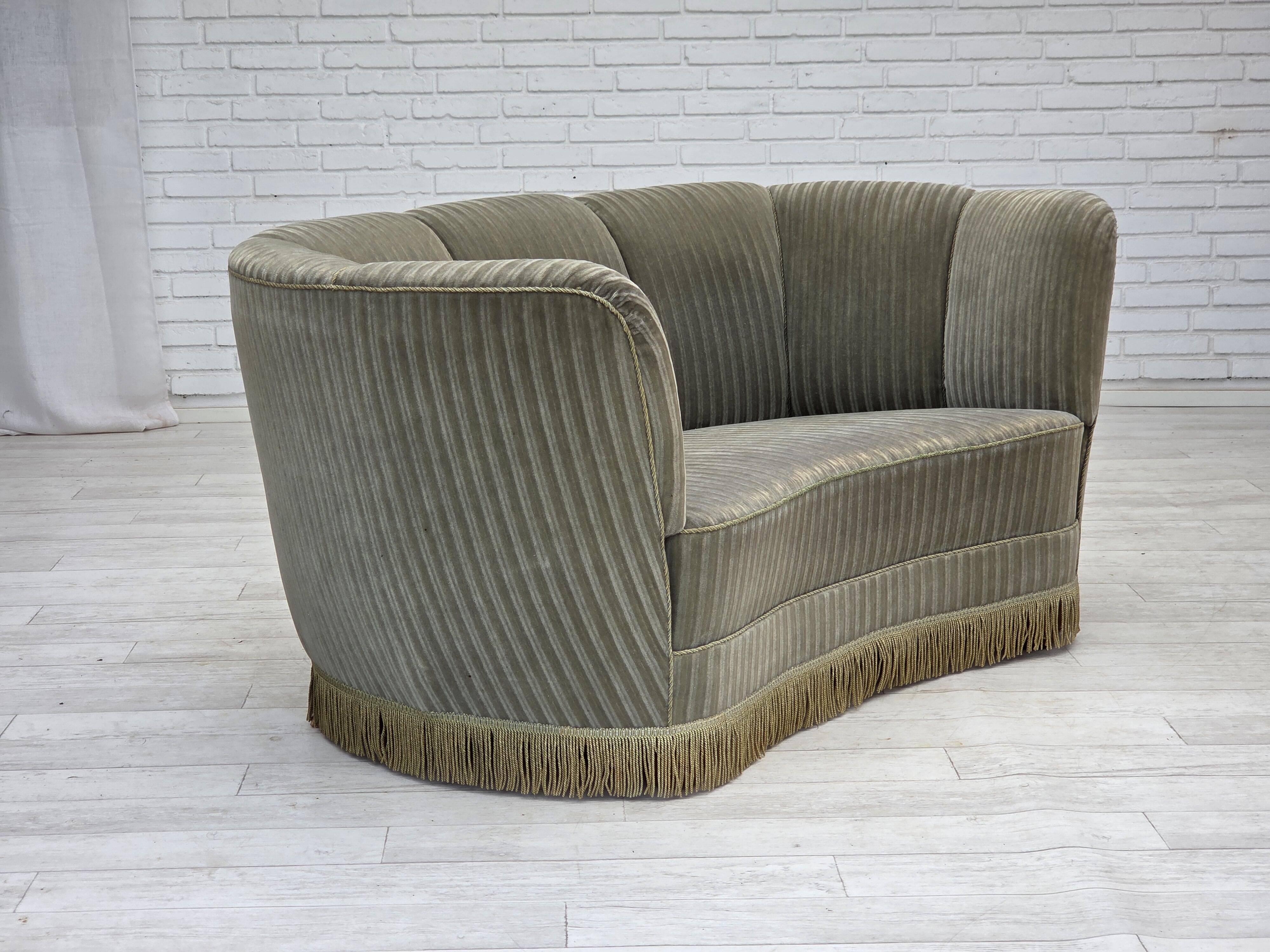 1970s, Danish 2-seater curved sofa, original furniture velour, beech wood.