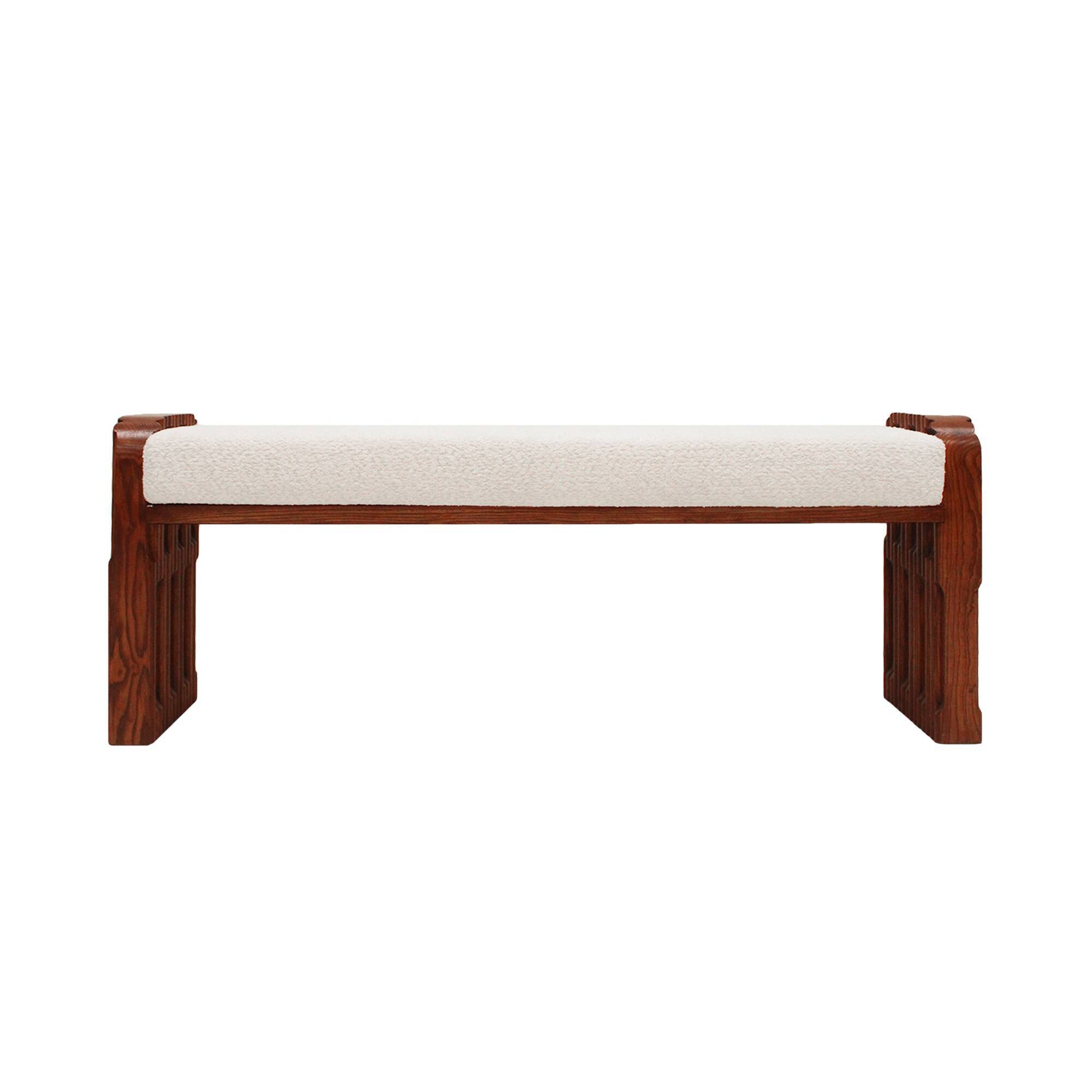 Brutalist Style Sculptural Oak Supports and Ivory Bouclé Upholstery Bench,