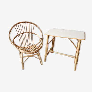 Rattan armchair and table for children