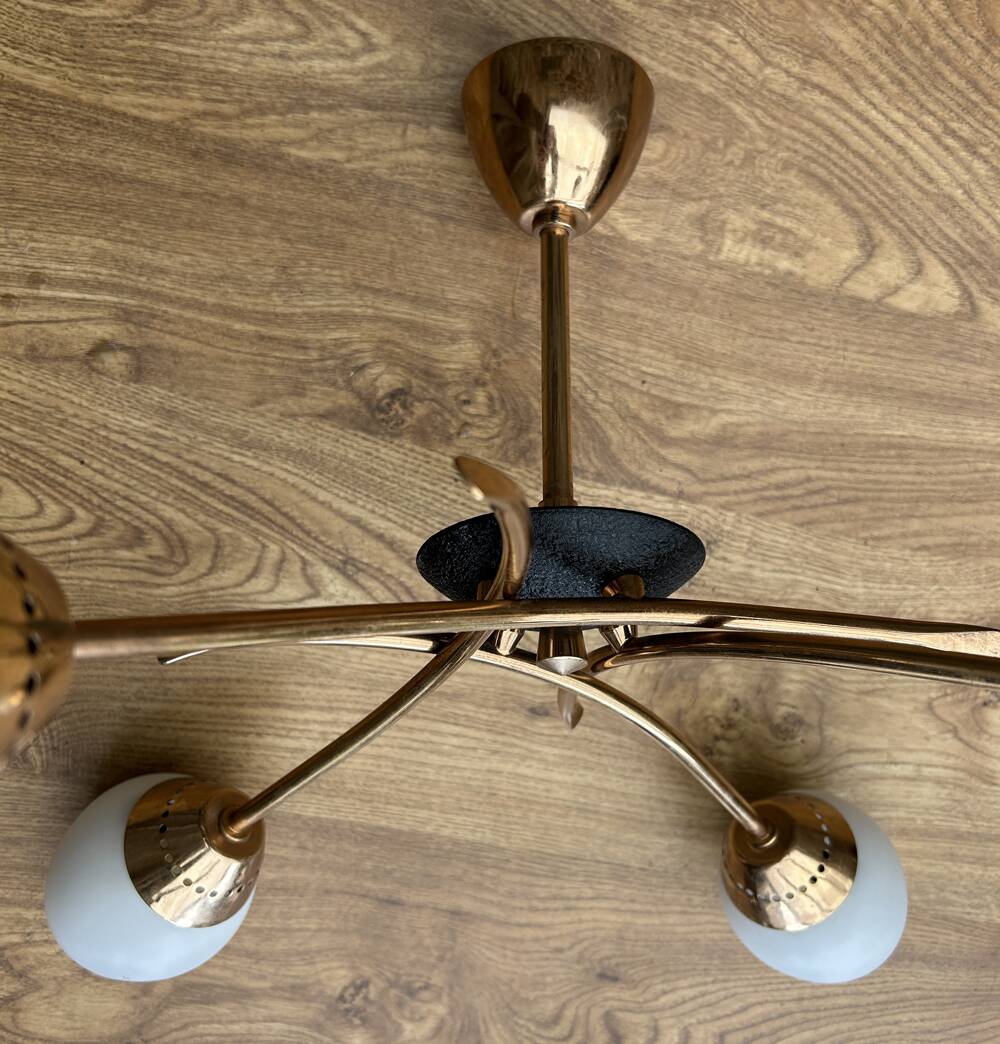 Four-light pendant lamp, brass and opaline glass, Maison Arlus, Paris, vintage 1970s