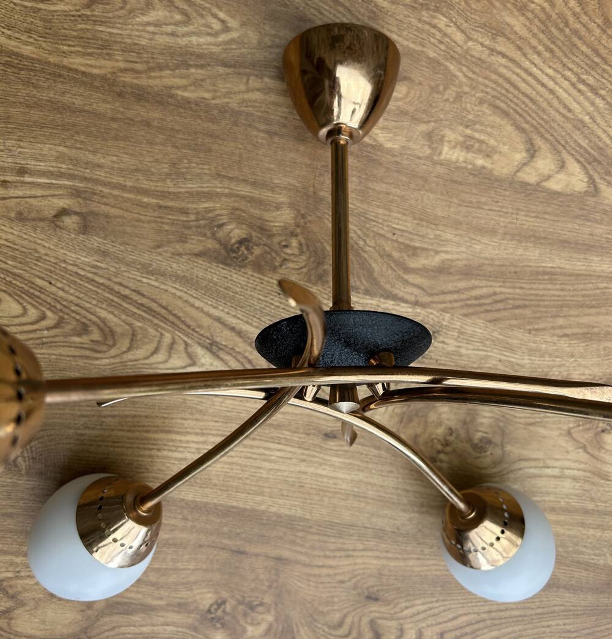 Four-light pendant lamp, brass and opaline glass, Maison Arlus, Paris, vintage 1970s