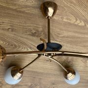 Four-light pendant lamp, brass and opaline glass, Maison Arlus, Paris, vintage 1970s