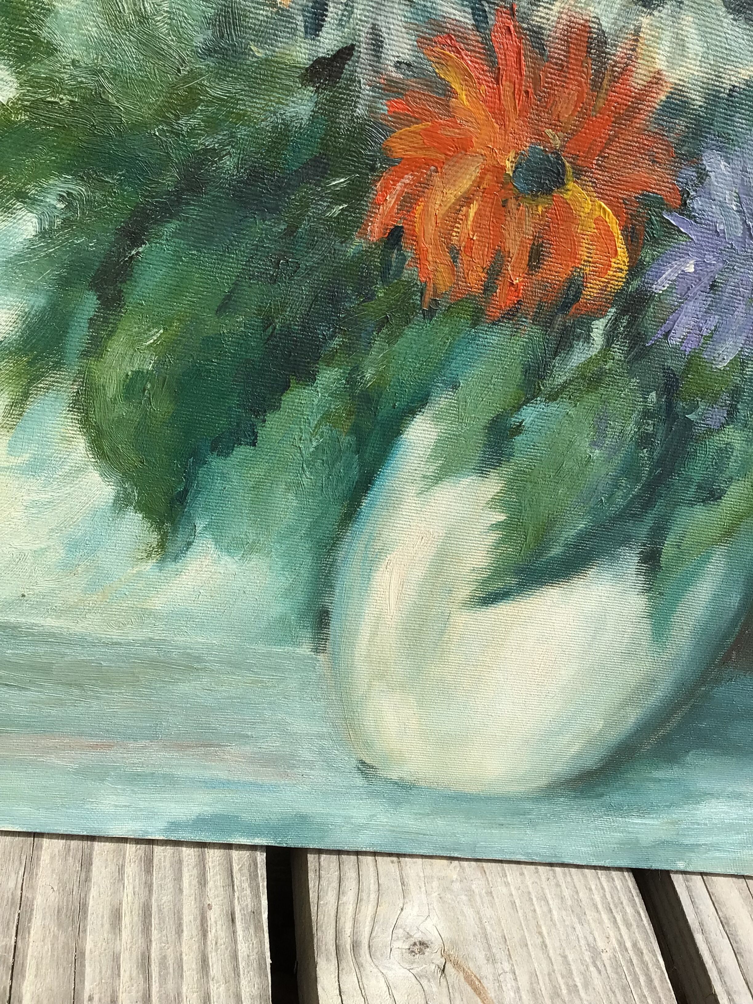 Oil bouquet table signed JM. Salve 1985