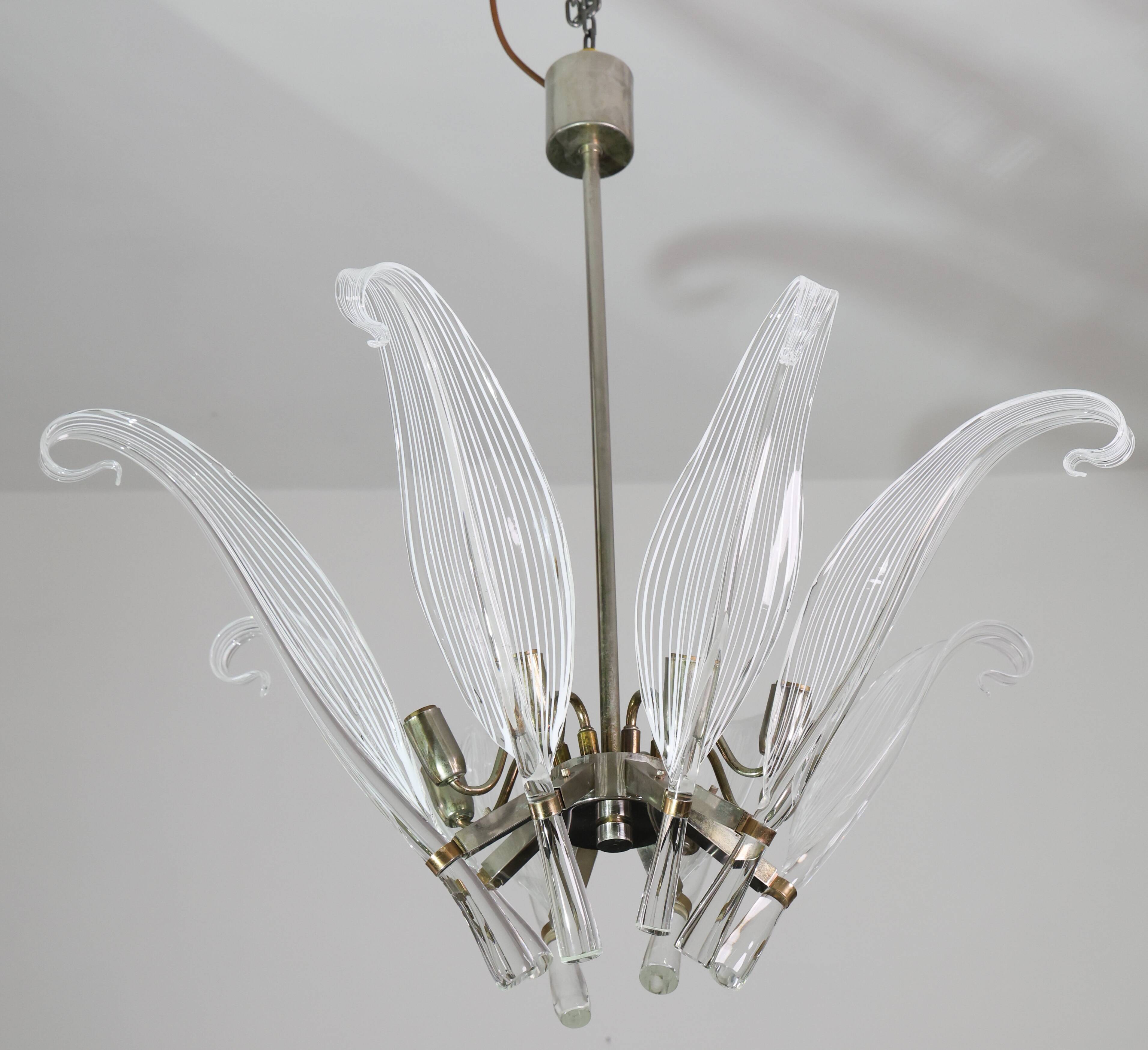 Extraordinary Large Transparent Murano Glass Leaves Chandelier by Franco Lu