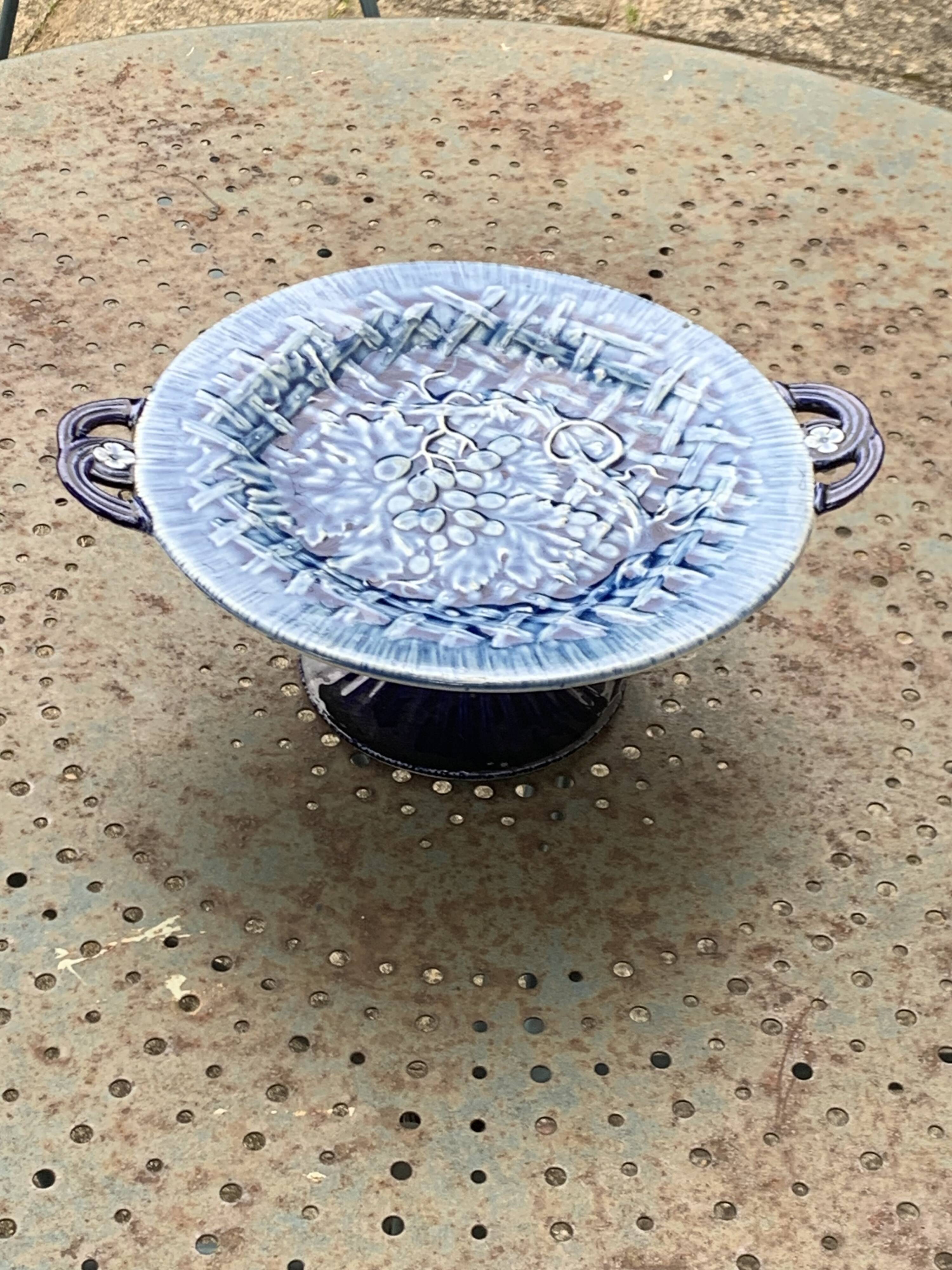 Fruit bowl, blue earthenware compote dish, slip, grape model, HBC