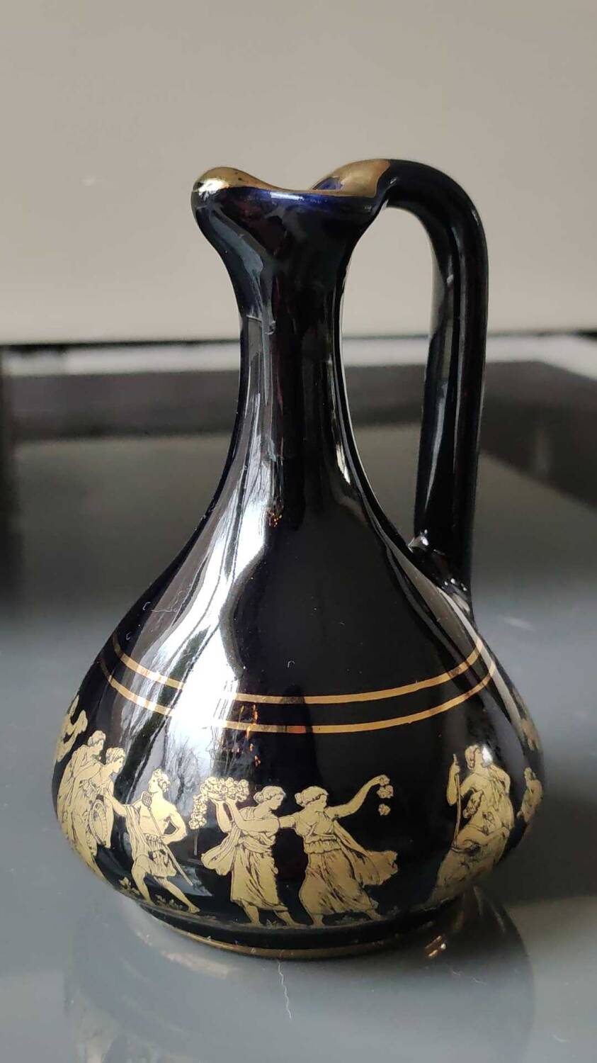 Small cobalt blue collectible greek vase/decor life scenes from greek mythology hand painted in 24c fine gold. 12 x 8 cm