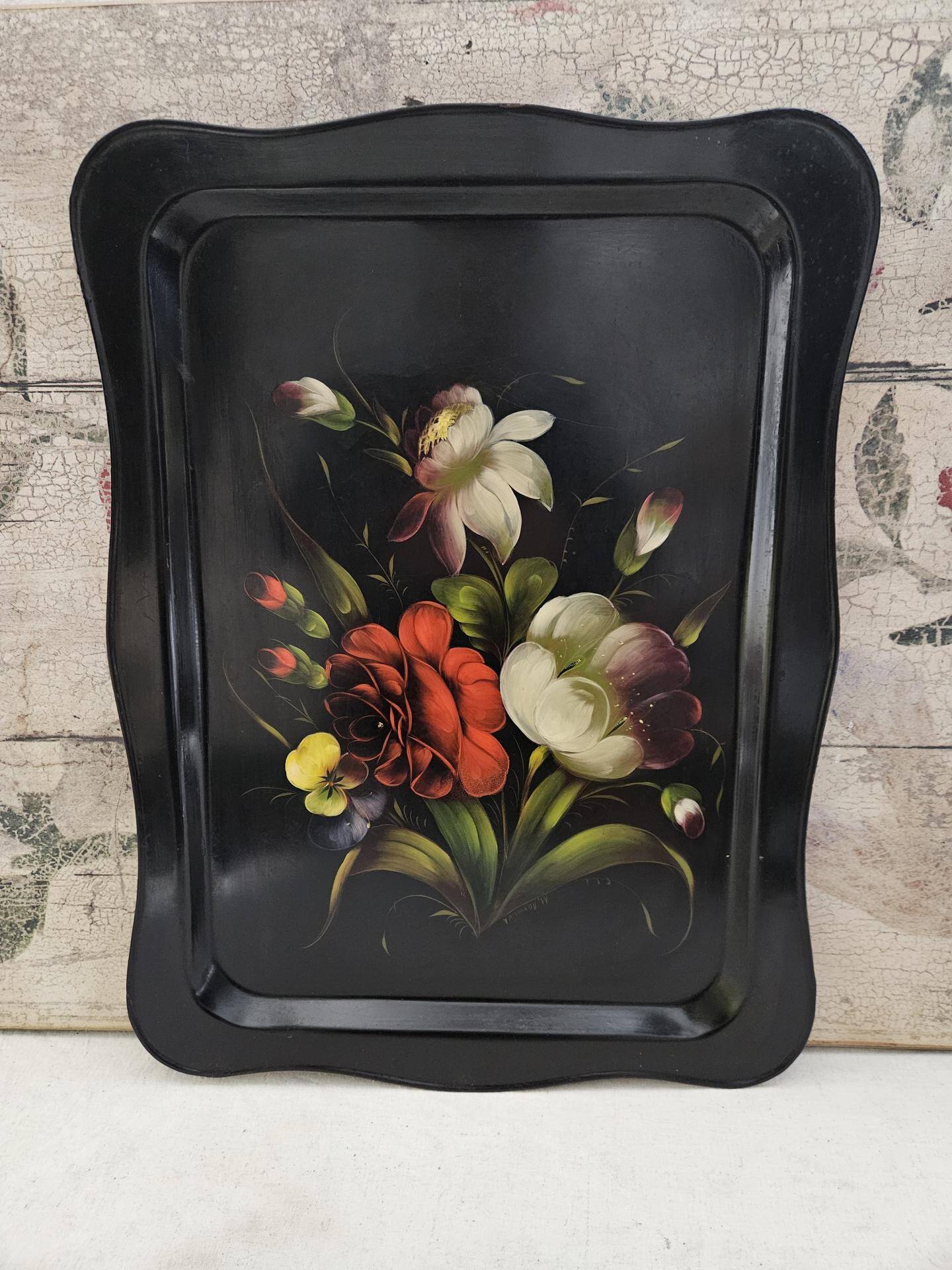 Large antique tray with flowers