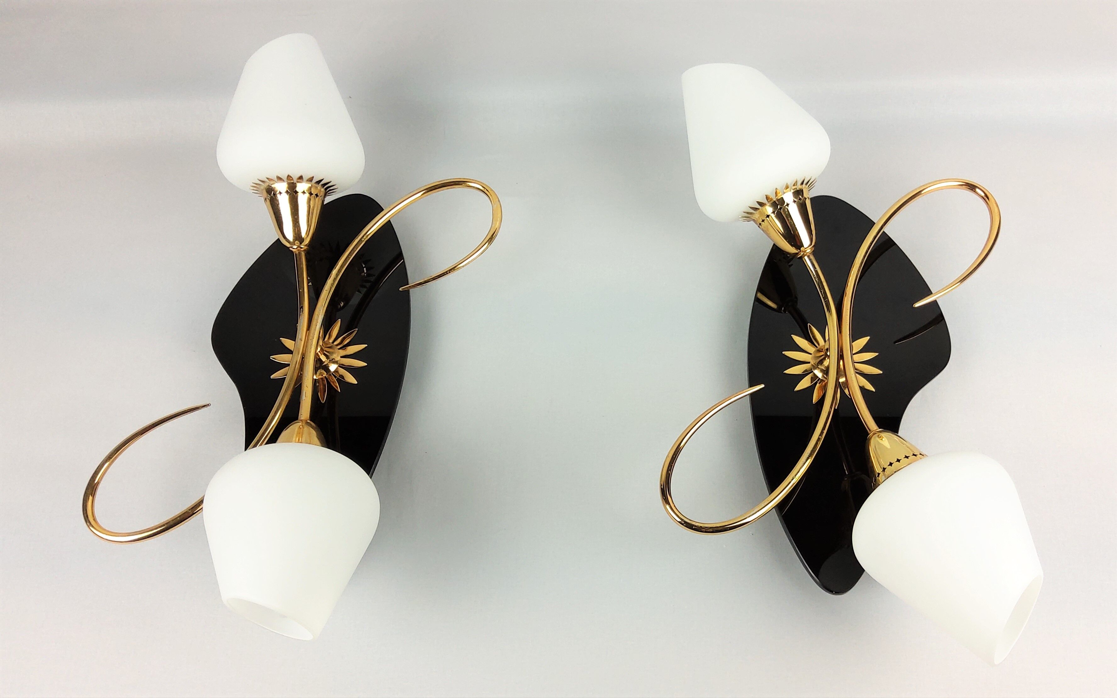 Arlus black and brass opaline sconces 1960
