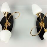 Arlus black and brass opaline sconces 1960