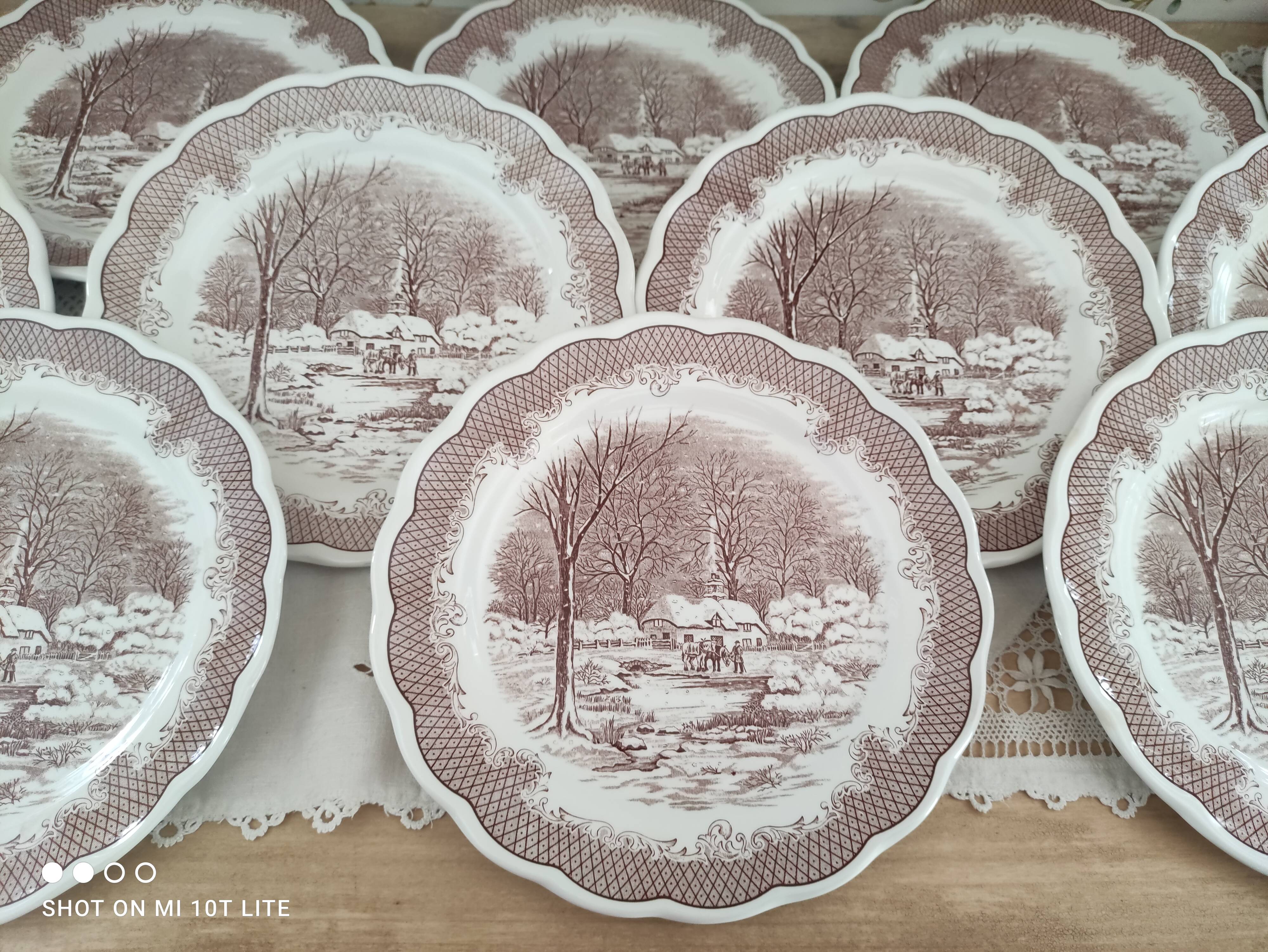 Set of 12 Swiss Landscape HE dinner plates with brown winter decor