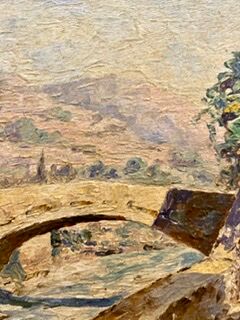 Ancient painting, landscape, escarene bridge, signed Joseph Vernay (1864-1950)
