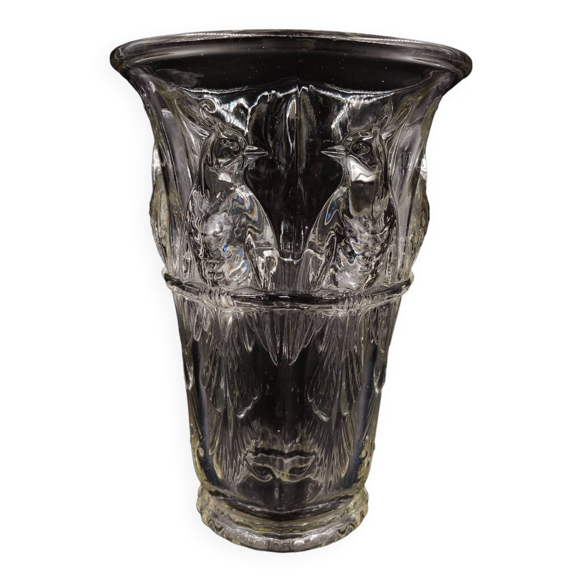 French Art Deco glass vase with cockatoo motif by Verlux