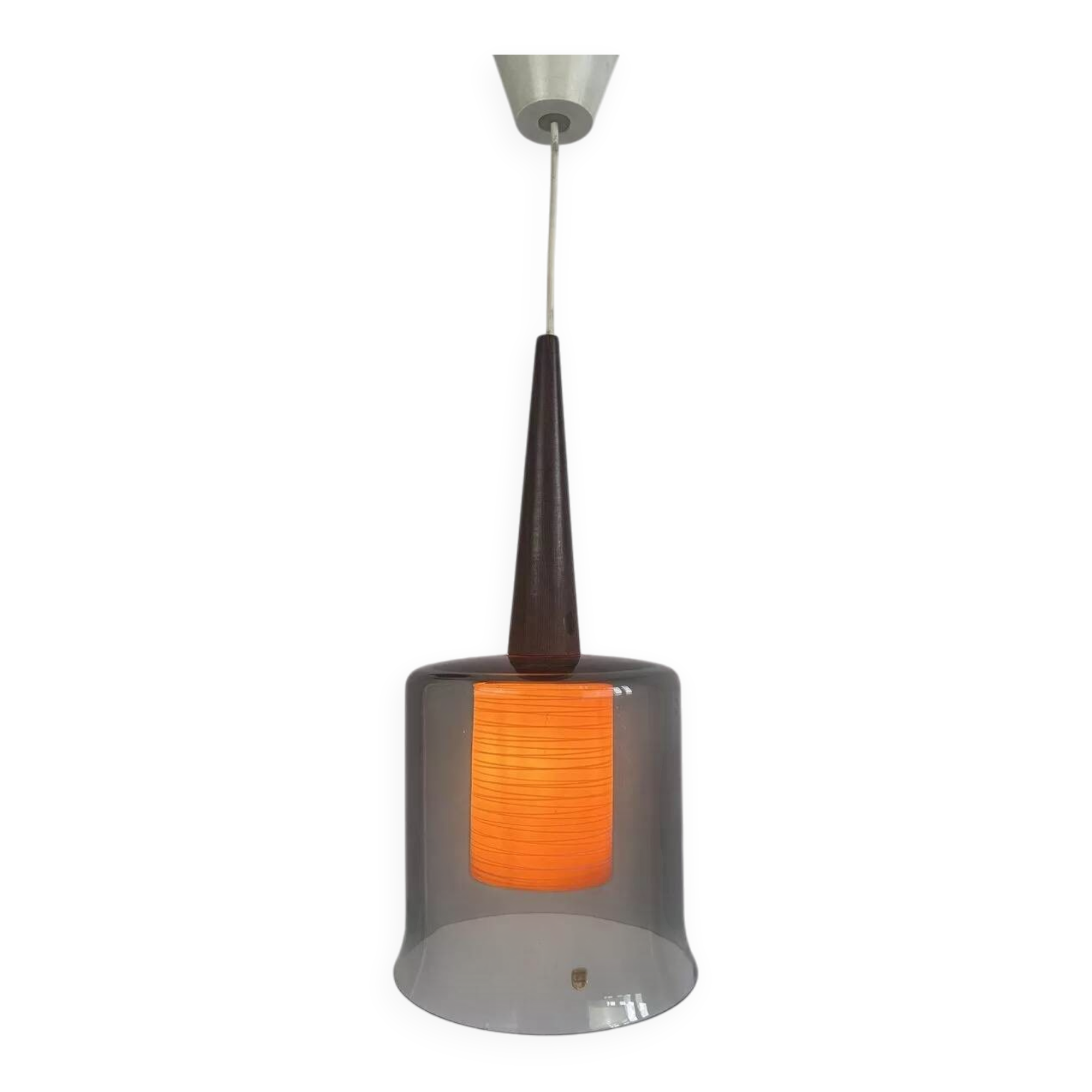 Vintage Philips pendant light, orange & smoked glass – wood, Sweden