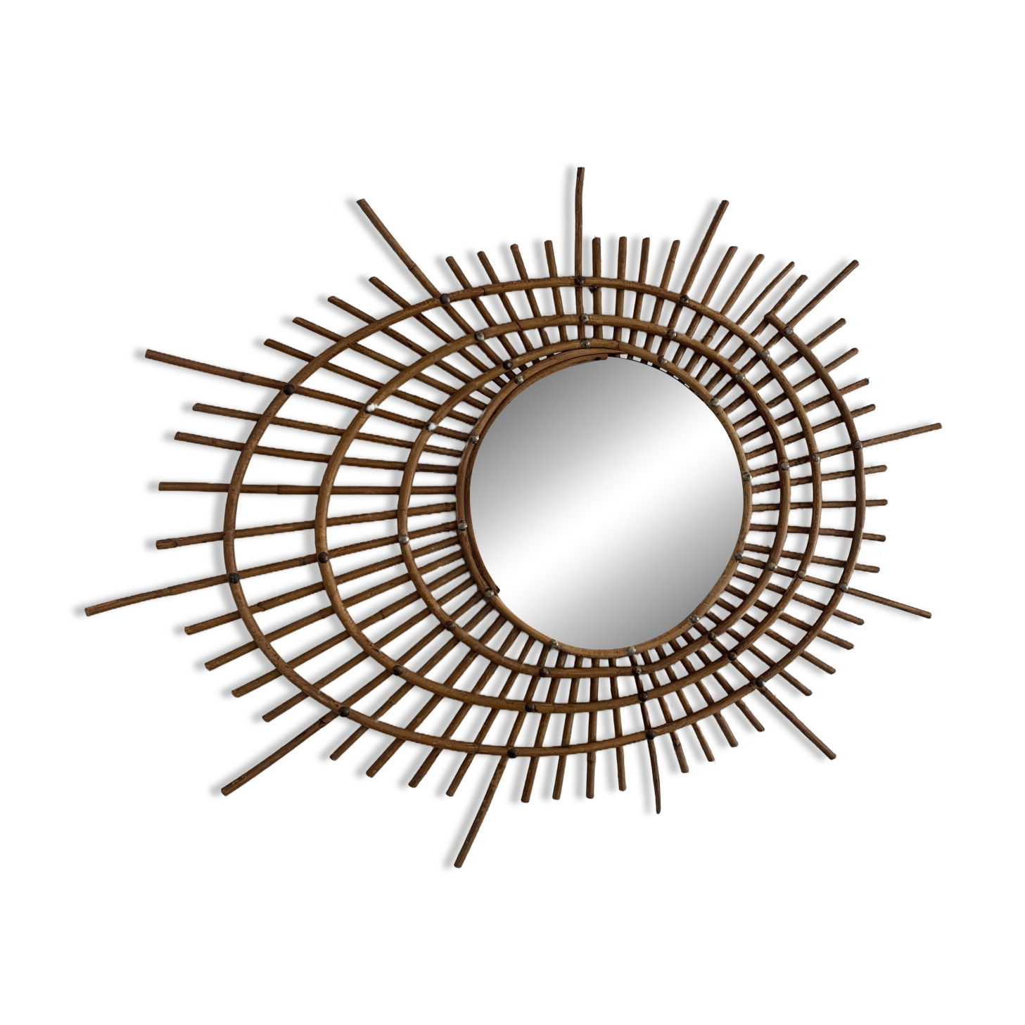 Vintage 1960s sunburst rattan ortf style spiral eye mirror - 90 x 67 cm