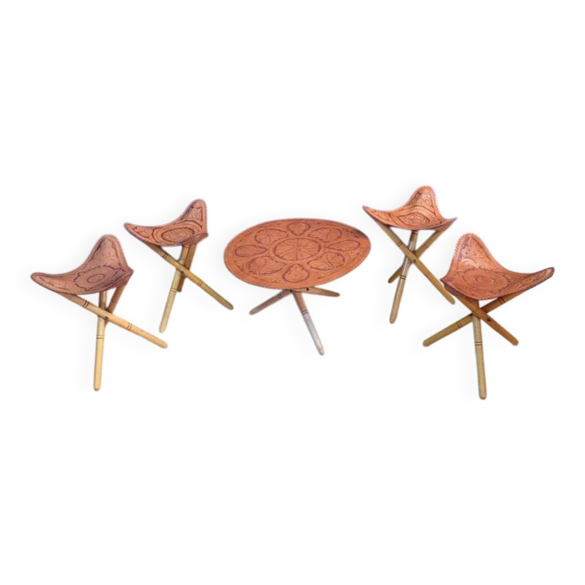 Safari stools & table set, 1970s, set of 5
