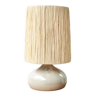 Grey ceramic lamp, raffia lampshade, 60s