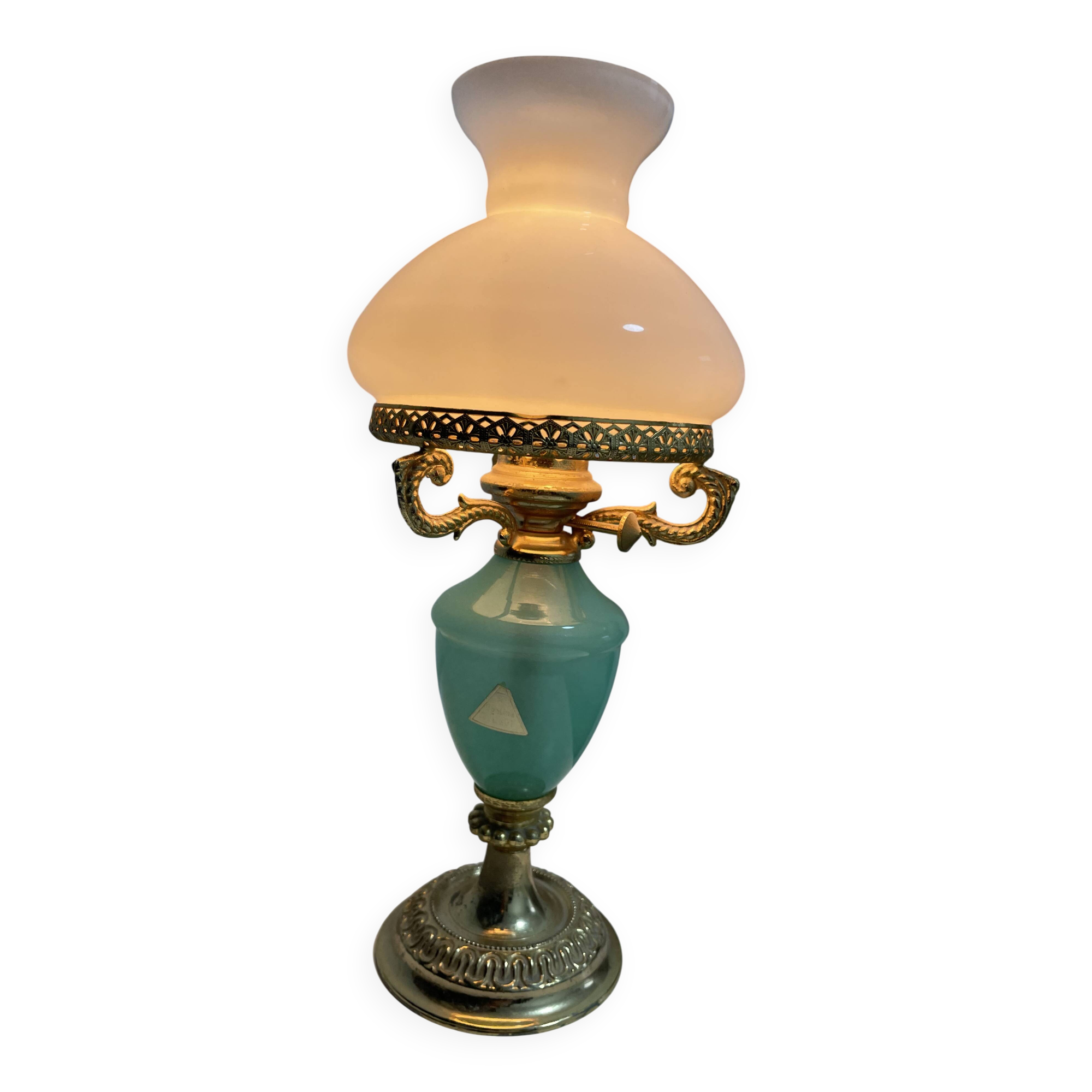 vintage turquoise opaline table lamp electrified brass adorned