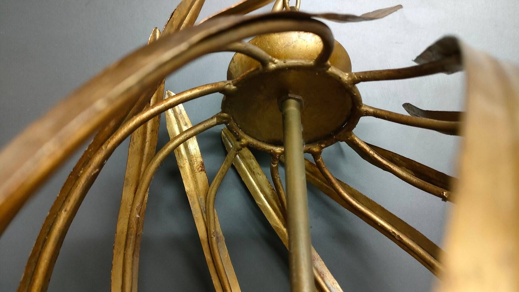 Large Italian Foliage Cage Chandelier - 1960s Art Crafts - Gold Metal