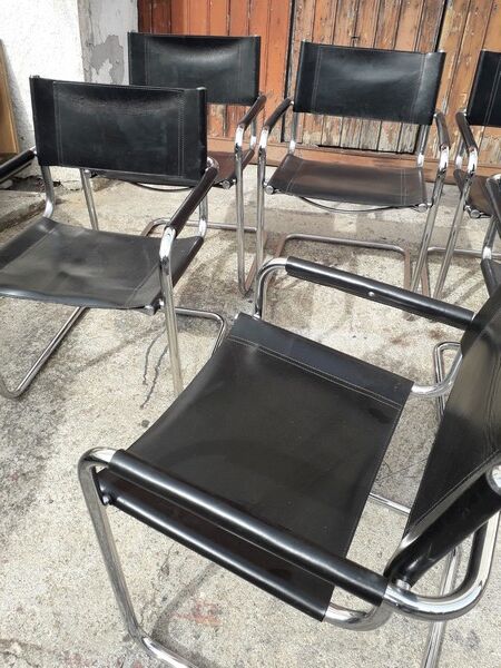 6 Bauhaus armchairs steel and leather / design