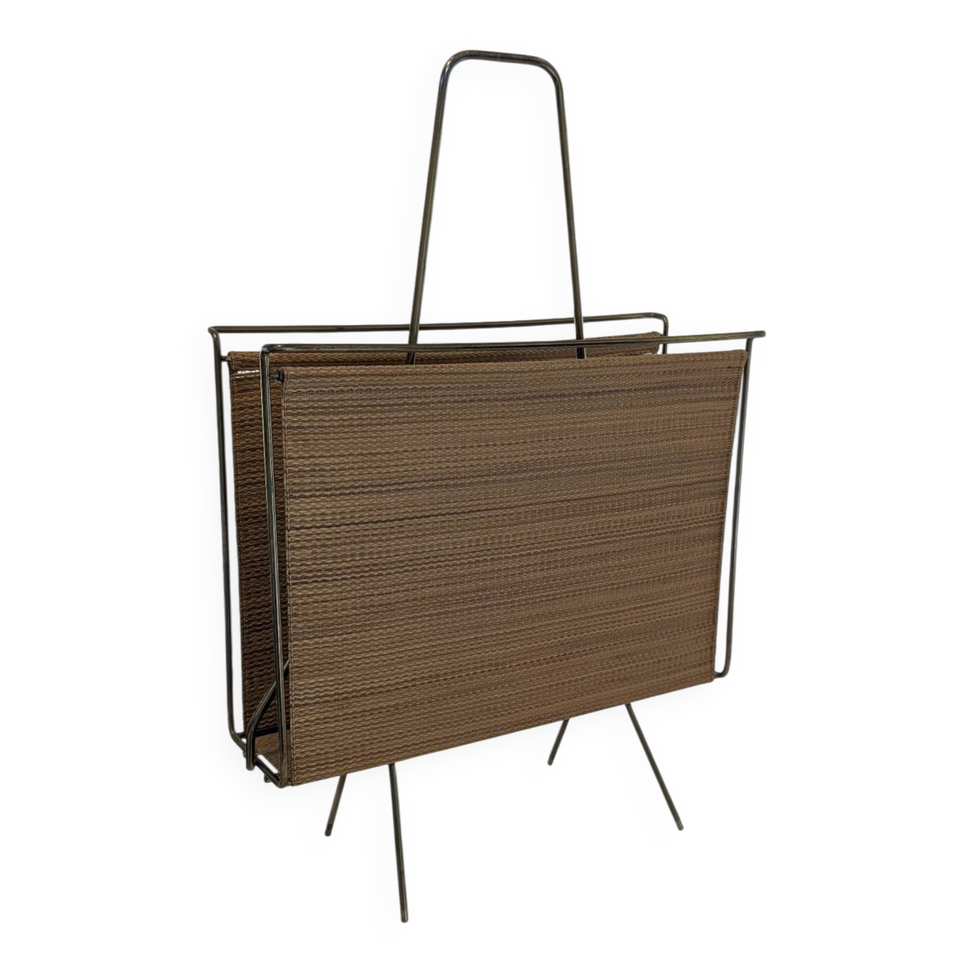 Swedish brass and raffia magazine rack