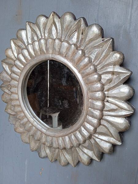 Carved wood sun mirror 40cm silver ep 1960