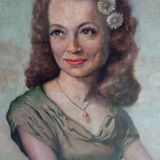 Huile sur panneau représentant le portrait d'une jeune fille souriante, milieu du XXe siècle
