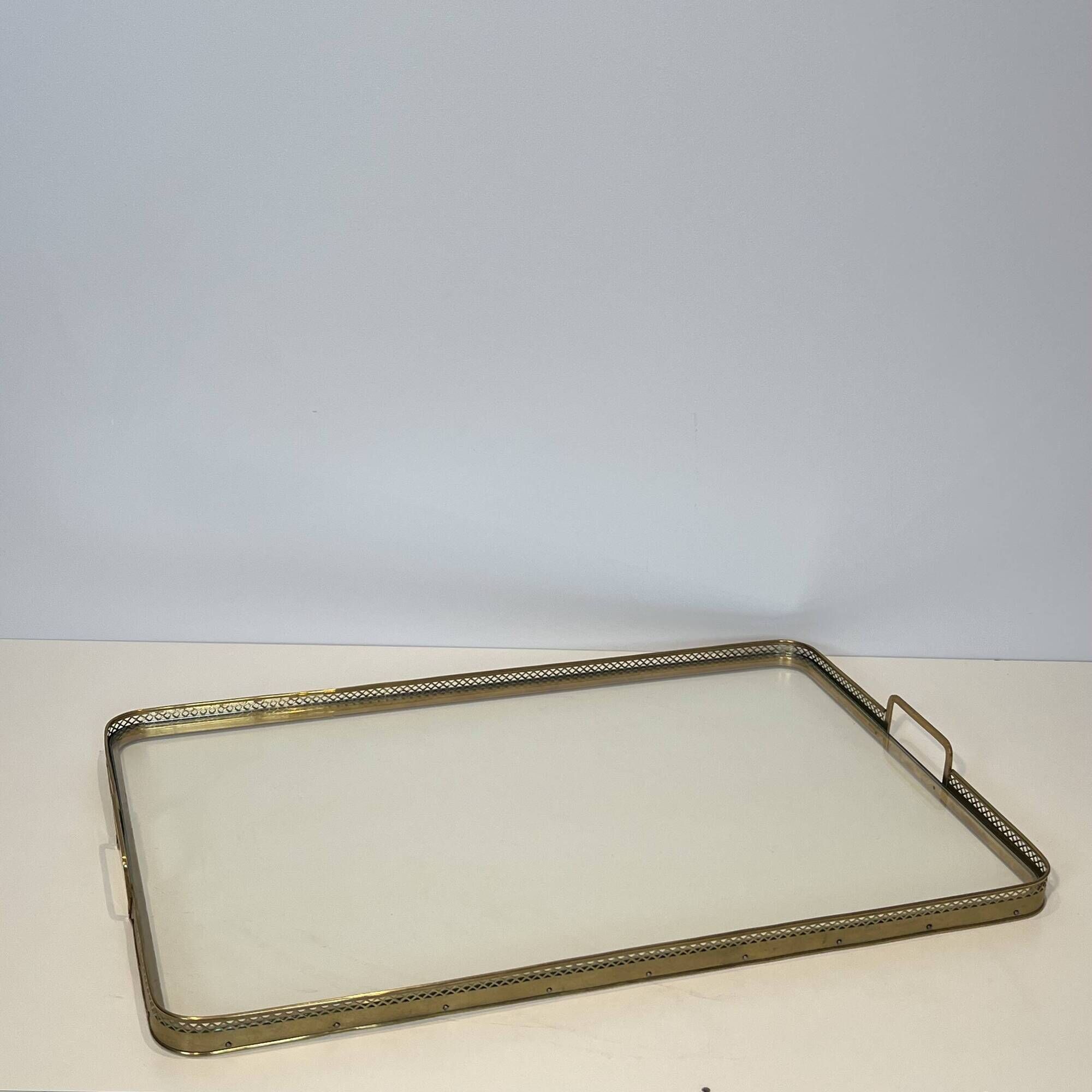 Rectangular Service Tray with Openwork Gallery in Brass. French Work