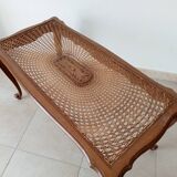Table basse chippendale vintage en hêtre et rotin style Louis XV