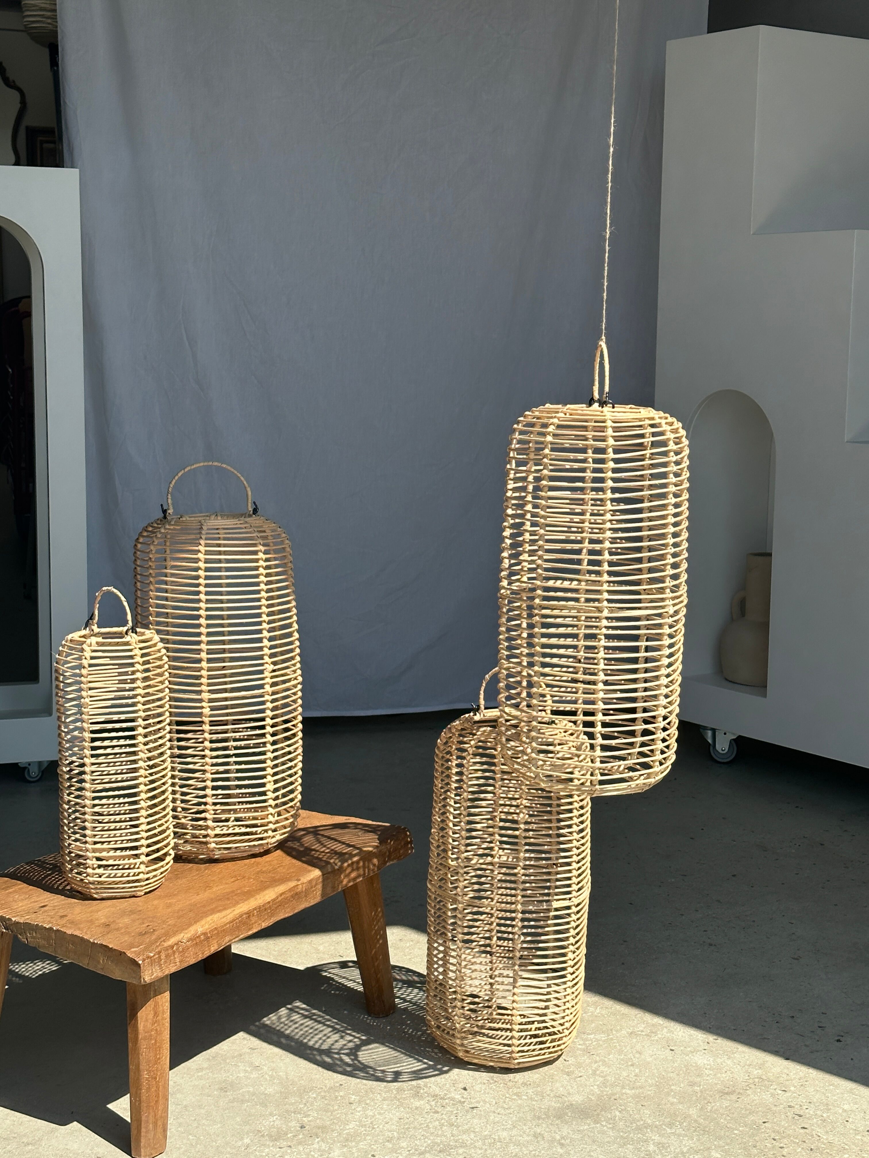 Large lantern-shaped rattan pendant lamp H50 D24