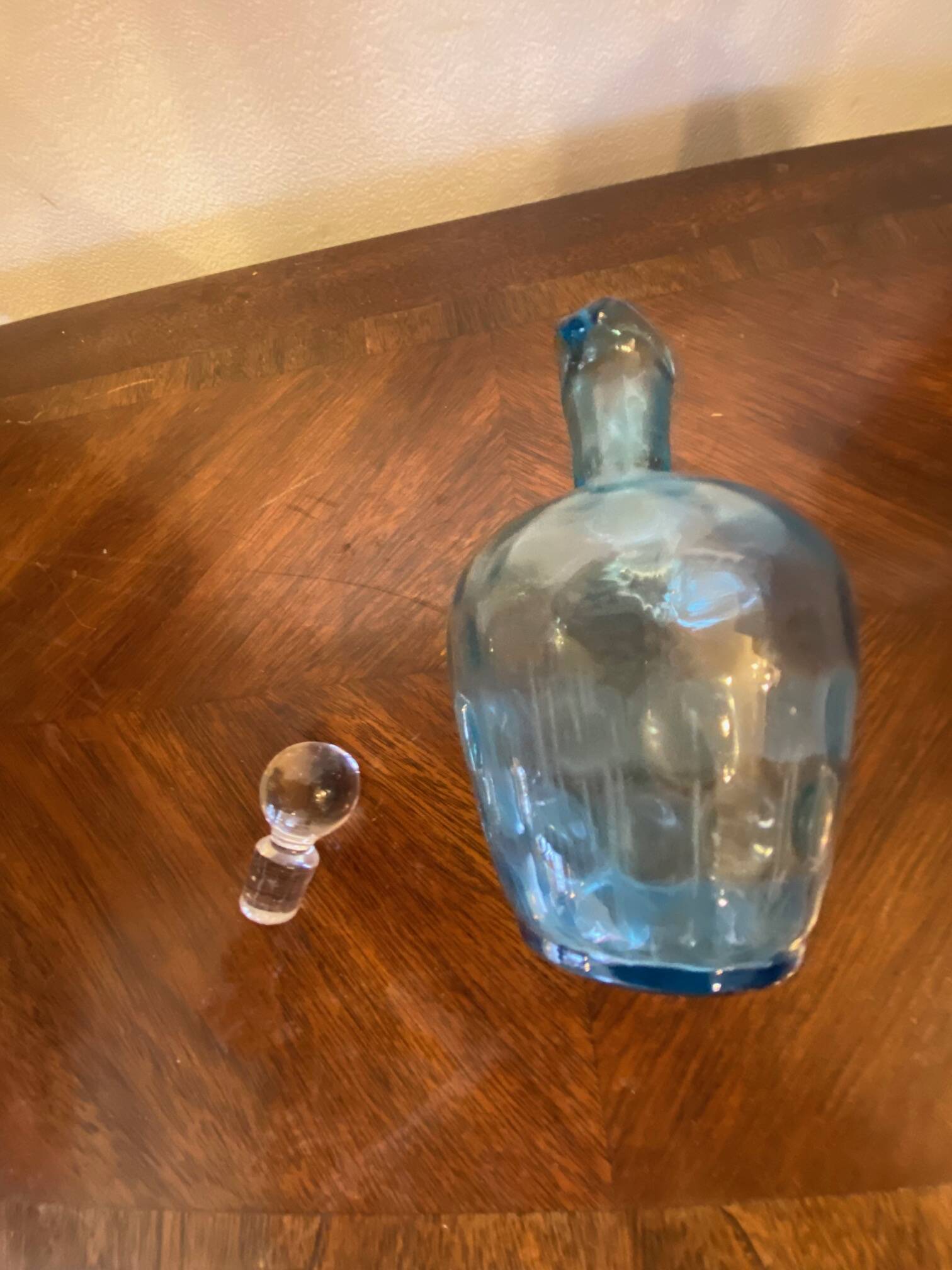 Night carafe in blue tones waffle glass with cabochon early 20th century