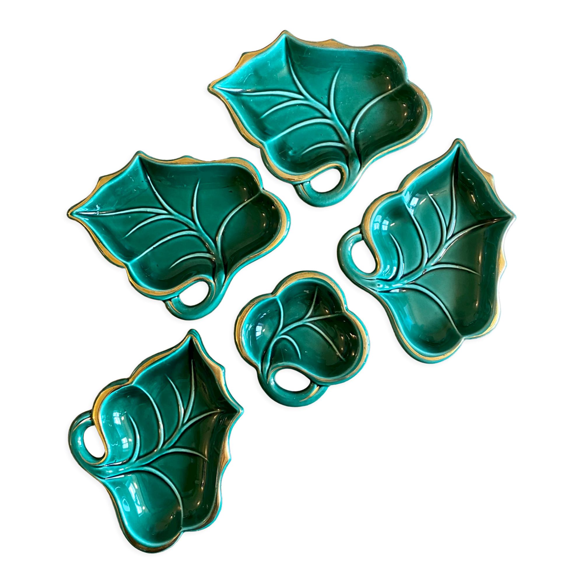 Set of 5 vintage pockets or raviers in green and gold ceramic