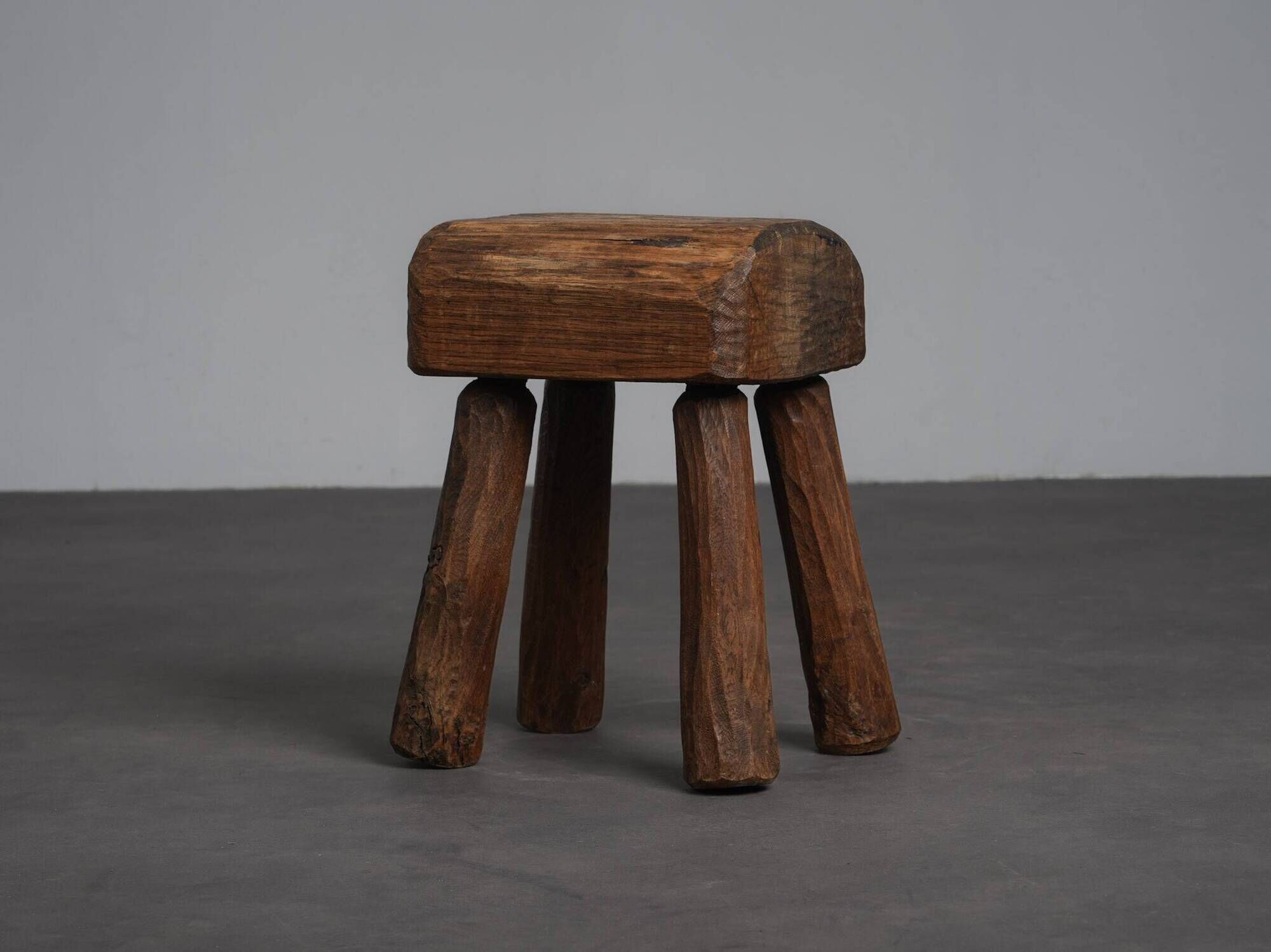 Robust primitive solid wood stool, Europe, 1970s