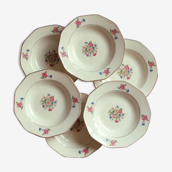 Set of 6 hollow plates small flowers French earthenware Digoin Sarreguemines model Nice