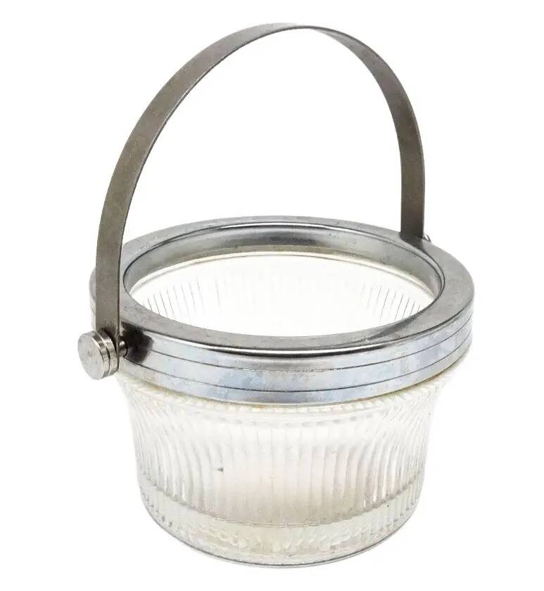 Art Deco sugar bowl, silver-plated brass, pressed glass, Poland, 1950s