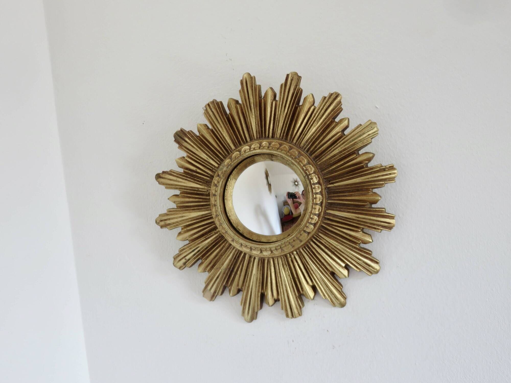 Old small golden sun mirror, witch's eye, curved, 60s-70s.