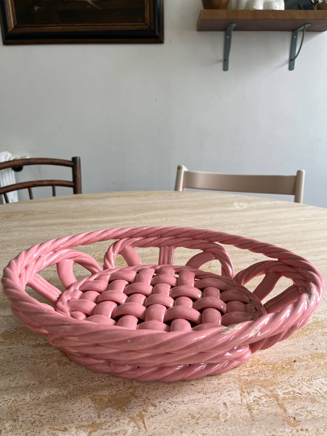 Vintage pink woven ceramic fruit basket