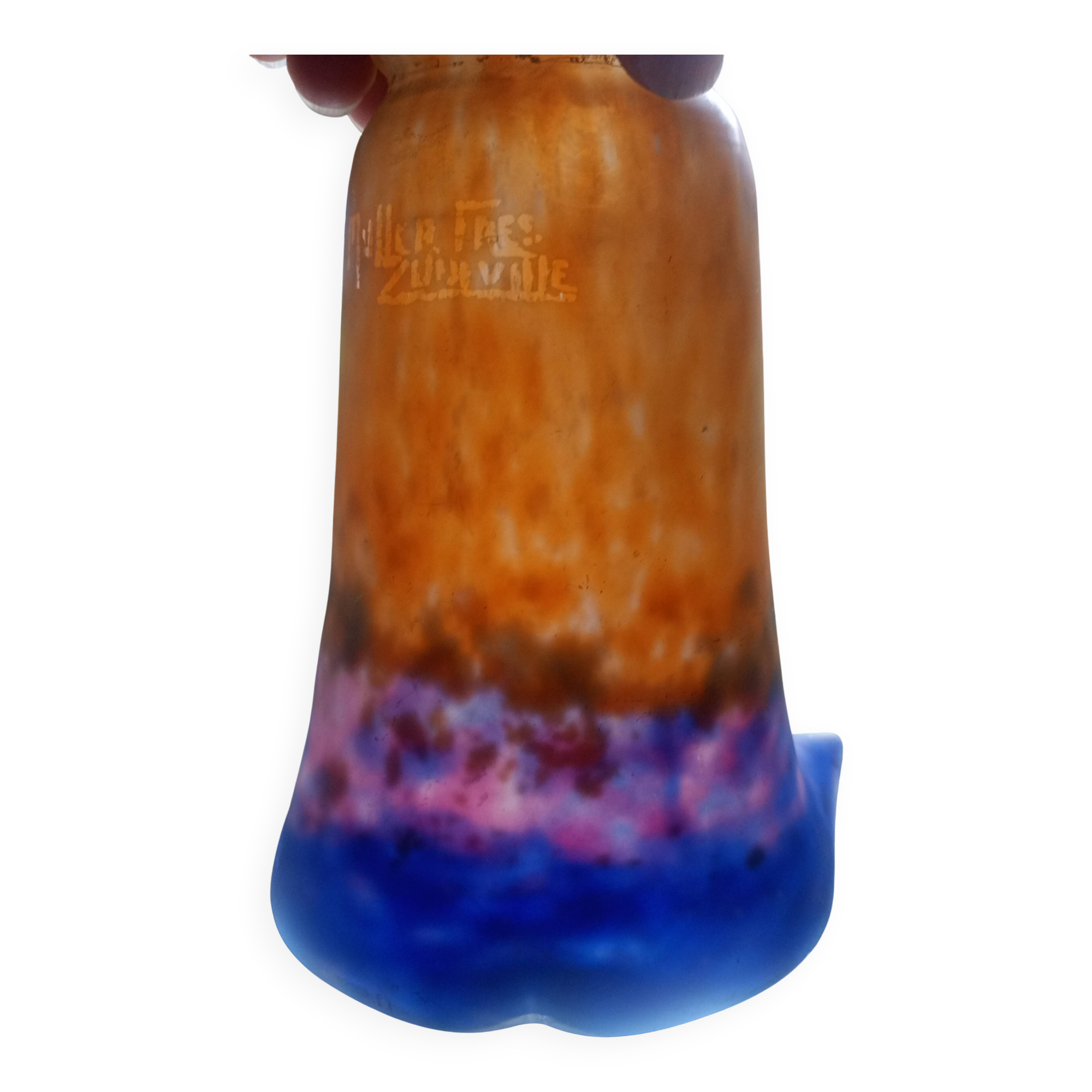 MULLER FRERES LUNEVILLE - Orange-purple marbled glass tulip - signed