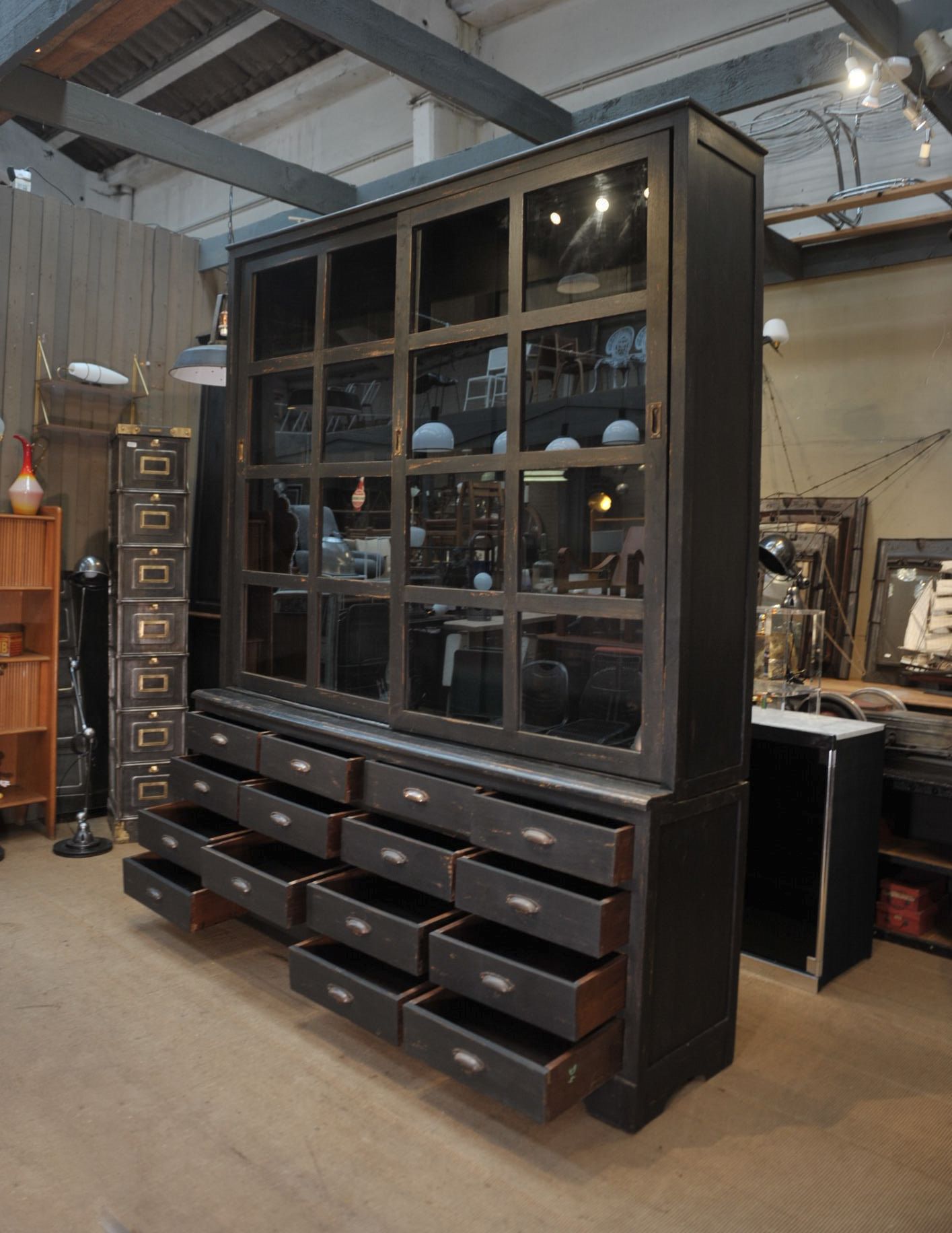 Teak library 1960 sliding doors and drawers