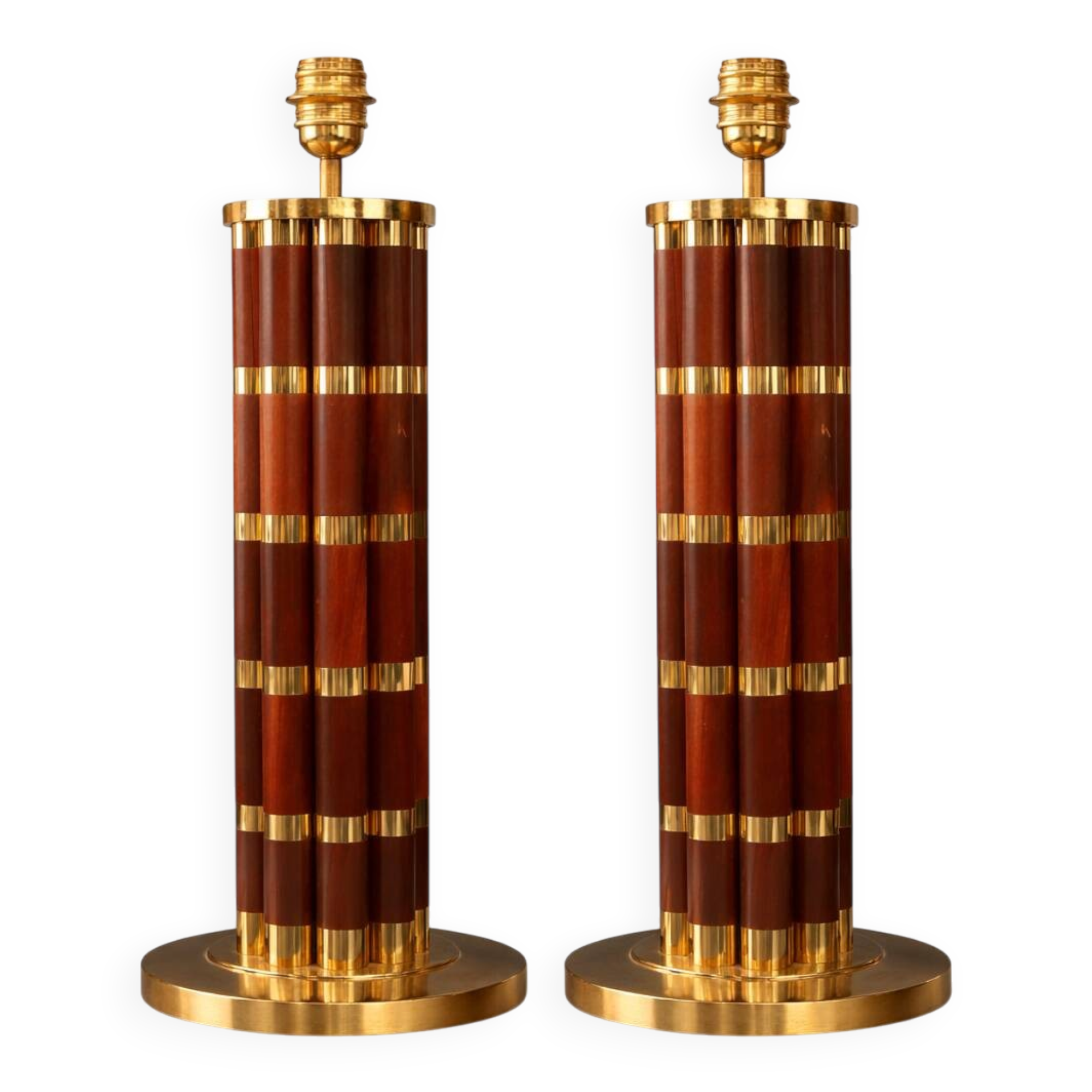 Pair of wooden and brass table lamps, French classic style.