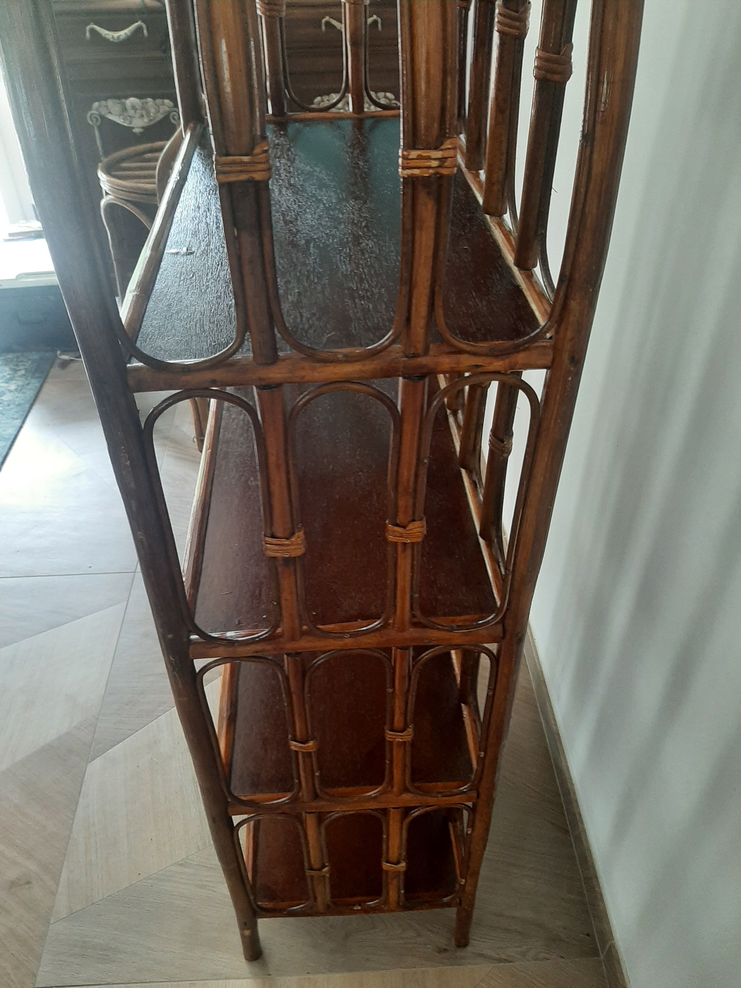 Vintage library 4 levels - wood, bamboo and rattan - retro 80s