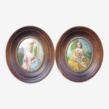 Pair of ancient miniatures Portrait after ladies of the eighteenth century