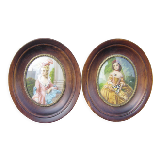 Paire de miniatures anciennes Portrait d'après des dames du XVlllsiècle