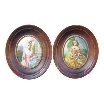 Pair of ancient miniatures Portrait after ladies of the eighteenth century
