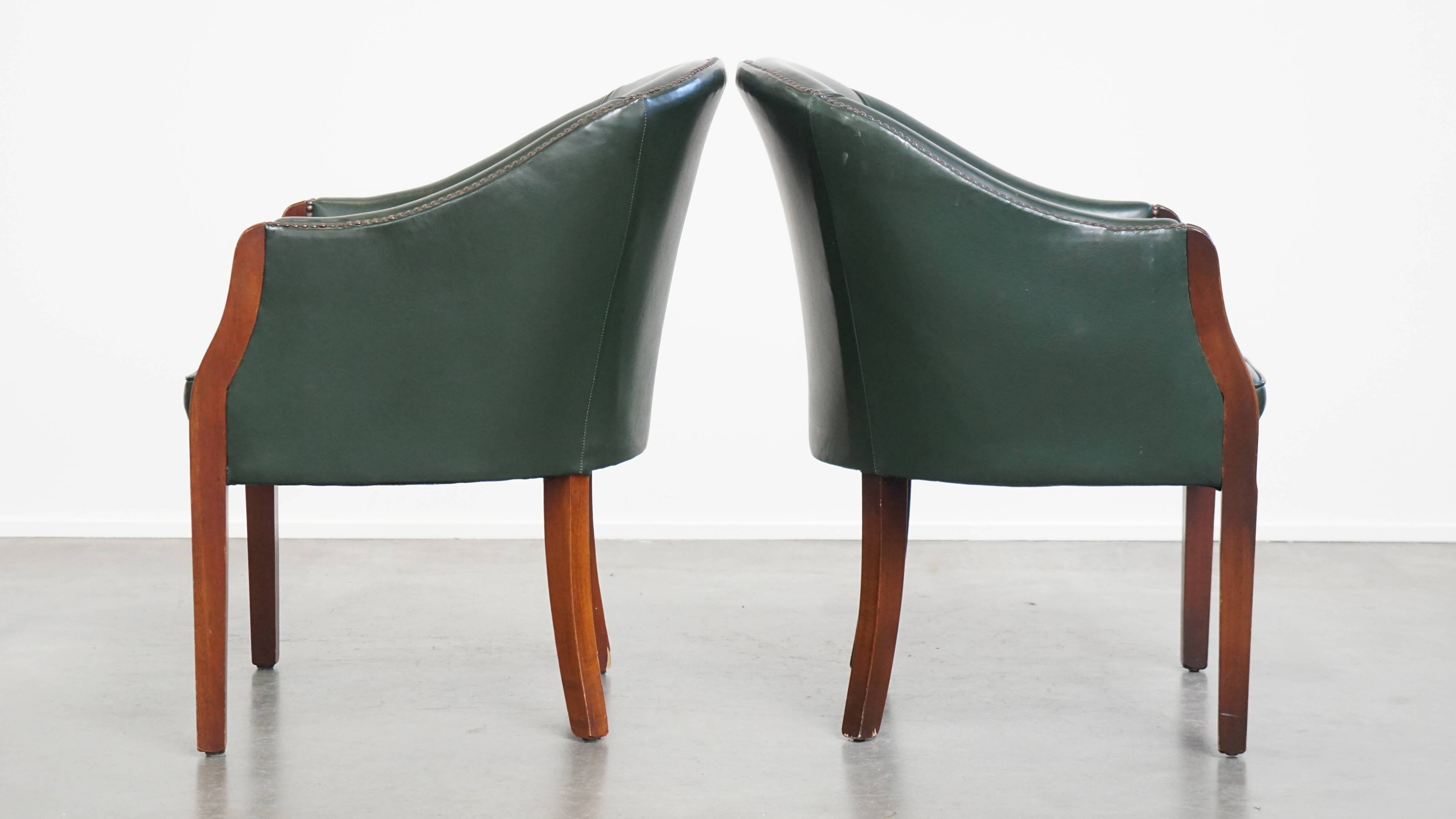 Set of 2 Green Cowhide Leather and Wooden Side/Dining/Office Chairs